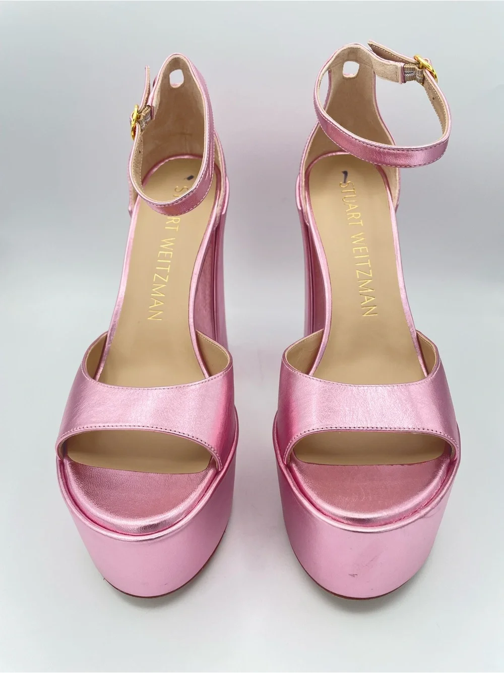 STUART WEITZMAN Skyhigh 145 Metallic Pink Platform Sandals Size 9